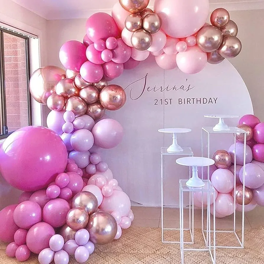 Grab and go balloon garland setup in pink and rose gold colors