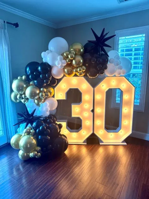 Marquee light-up numbers with balloons in Sacramento CA